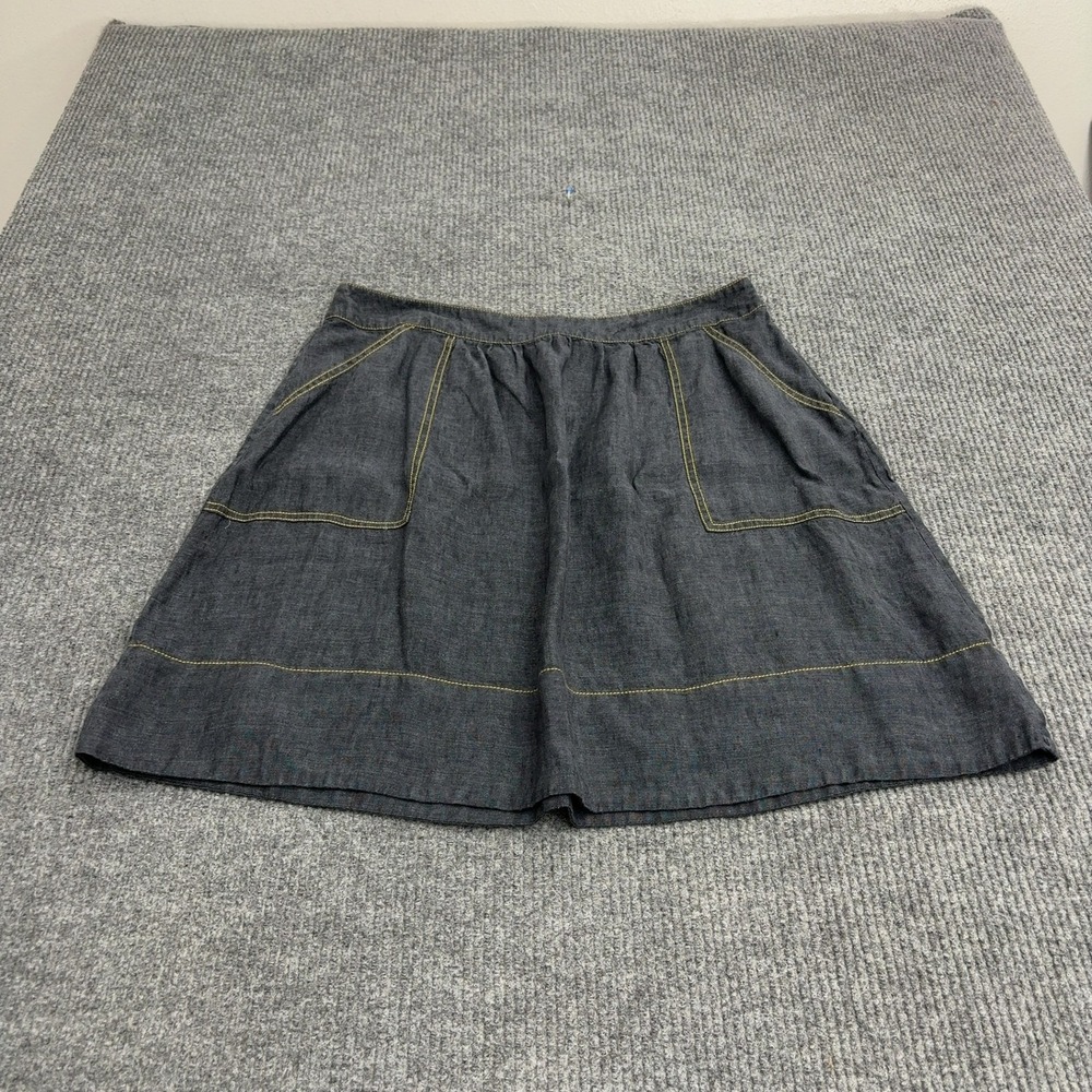 Eileen Fisher Skirt Women L Gray Linen Contrast Stitch Pockets Minimalist Casual